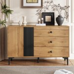 Buffet bas salle � manger bois clair et noir 120 cm avec pieds en m�tal 3 tiroirset portes bahut pour ...