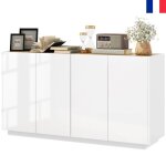 Buffet bas salle � manger buffet cuisine blanc laqu� avec 4 portes � fermeture douce et �tag�res r�glables ...