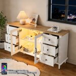 Buffet bas salon blanc et bois clair 150 cm avec �clairage led bahut de salle � manger 6 tiroirs et portes ...