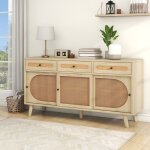 Buffet bas de salon en bois 140 x 40 x 78 cm avec portes en cannage 3 tiroirs et �tag�res r�glables