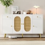 Buffet blanc 140x35x82 cm meuble de rangement 2 tiroirs 4 portes �tag�res r�glables pieds poign�es dor�es ...