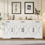 Buffet blanc avec 4 portes et 3 tiroirs meuble de rangement style industriel avec plateau effet bois ...