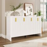 Buffet de salon blanc - 4 portes et poign�es dor�es - meuble de rangement - �tag�res ajustables - 140 ...