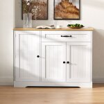 Buffet blanc bois naturel meuble de rangement avec tiroir et portes sideboard �l�gant pour entr�e & salon ...