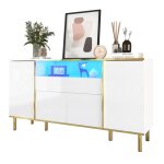 Buffet - blanc brillant - 150x40x80 cm - 4 portes - �clairage led int�gr� - pieds dor�s