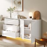 Buffet blanc brillant - ambiance - 2 portes & 3 tiroirs - led au sol - meuble tv / sideboard moderne ...