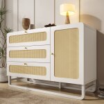 Buffet blanc avec cannage 3 tiroirs et 1 porte �tag�re r�glable poign�es dor�es meuble de rangement 120�40�85 ...