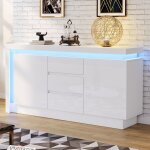 Buffet blanc haut brillant 140x35x72cm avec �clairage led - commode 3 tiroirs 2 portes �tag�res r�glables ...