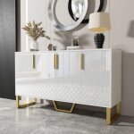 Buffet blanc laqu� avec 4 portes - buffet moderne design g�om�trique avec poign�es et pieds dor�s - 140�40�80 ...