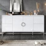 Buffet blanc laqu� brillant 150x38x595 cm 4 tiroirs 2 portes mdf pieds m�tal sans poign�es salon salle ...