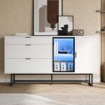 Buffet blanc meuble de rangement buffet moderne vitrine 3 tiroirs 2 portes vitr�es pieds en m�tal bahut ...