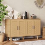 Buffet bois effet ch�ne 4 portes meuble rangement salon salle � manger cuisine style cannage naturel ...