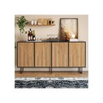 Buffet bois naturel et noir - meuble de rangement moderne avec fa�ade stri�e 3d - 4 portes 8 compartiments ...