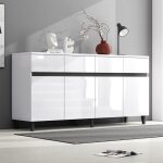 Buffet brillant commode 4 tiroirs 2 portes �tag�res r�glables blanc et noir