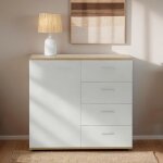 Buffet salle  manger chicago l 91 cm en bois coloris blanc et sonoma avec 4 tiroirs et 1 porte meuble ...