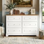 Buffet commode 6 tiroirs 120cm blanc et bois - motif grange r�tro & poign�es or - grand rangement �cologique ...