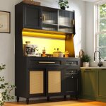 Buffet de cuisine 120 x 45 x 1955 cm noir avec portes coulissantes en pe rotin et led meuble haut avec ...