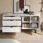 Buffet de cuisine 160cm blanc mat - bahut moderne avec �clairage led portes en verre et 3 tiroirs pour ...