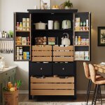 Buffet cuisine armoire de cuisine haute avec 2 portes et 5 tiroirs meuble de rangement vaisselier vitrine ...