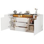 Buffet de cuisine bar - meuble 2 portes 3 tiroirs �clairage led �tag�res r�glables 140�40�68 cm blanc ...