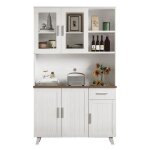 Buffet cuisine bois blanc 114x40x190cm - meuble haut salon et salle � manger - rangement spacieux design ...
