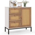Costway buffet cuisine meuble de rangement avec 1 porte etagres et 3 tiroirs porte cannage pour salle ...