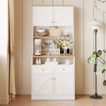 Buffet de cuisine - dreammespace - 80x40x175cm - 2 tiroirs - 4 portes - blanc et bois naturel