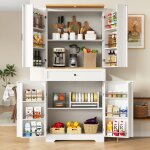 Buffet de cuisine haut - blanc et bois - avec 12 rangements de porte - tiroir et �tag�res - 80 x 40 x ...