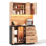 Buffet de cuisine haut - noir et bois - avec led prises int�gr�es 3 tiroirs portes vitr�es et �tag�res ...