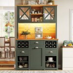 Buffet de cuisine haut vert avec led prises portes vitr�es range - bouteilles et �tag�res r�glables 120 ...