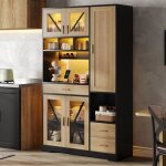 Buffet de cuisine haut - avec vitrines led prises int�gr�es et tiroirs - 105 x 40 x 185 cm - effet bois ...