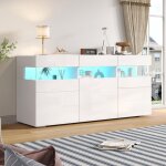 Buffet cuisine led 140 cm blanc laqu� avec vitrine acrylique 3 portes 7 compartiments sideboard moderne ...
