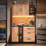Buffet de cuisine - noir et bois - avec led prises int�gr�es 3 tiroirs vitrine et �tag�res r�glables ...