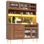 Buffet de cuisine noyer 145x39x171cm armoire haute �tag�res r�glables led int�gr� tiroir casier � vin ...