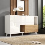 Buffet design blanc brillant et bois naturel - rangement pratique pour salle � manger et salon moderne ...