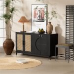 Buffet - dreammespace - 160x40x80cm - 4 portes en verre et rotin - design contemporain - noir