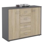 Buffet elodie commode meuble de rangement avec 4 tiroirs et 2 portes en m�lamin� gris mat et d�cor ch�ne ...