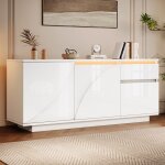 Buffet et enfilade 3 portes 1 tiroir �tag�res r�glables et led - yeavio - mdf blanc pour salon 140�40�60 ...