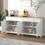 Buffet et enfilade 4 portes 3 tiroirs et �tag�res r�glables - tcqpz - campagne mdf blanc et bois 160�37�75 ...
