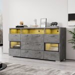 Buffet gris avec 2 portes en acrylique transparent et 3 tiroirs armoire de rangement moderne avec niches ...