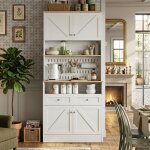 Buffet haut 175cm blanc et bois - 4 portes 2 tiroirs & panneau perfor� - armoire de rangement cuisine ...
