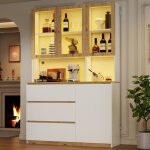Buffet haut avec 3 tiroirs et 1 porte - vitrine led 120 x 200 cm meuble de rangement multifonction blanc ...