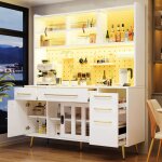 Buffet haut armoire 145x39x171 cm avec �clairage led panneau perfor� 2 tiroirs porte coulissante blanc ...