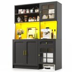 Buffet haut de cuisine 130 x 45 x 180 cm avec portes vitr�es led tiroirs et rangements - noir - vaisselier ...