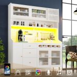 Buffet haut cuisine 145 cm avec led panneau perfor� et casiers � vin meuble de rangement moderne pour ...