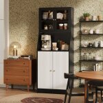Buffet haut cuisine 180cm - ambiance - noir & ch�ne - vitrine led & niche micro - onde - porte ray�e ...