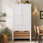 Buffet haut cuisine 80x40x140 cm blanc 2 portes 5 tiroirs rangement multifonction meuble tv salon cellier ...