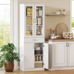 Buffet haut cuisine armoire de cuisine 4 portes dont 2 en verre tiroirs �tag�res r�glables 60x35x180cm ...
