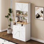 Buffet haut cuisine blanc & bois avec portes barn 2 tiroirs �tag�res ouvertes et panneau perfor� meuble ...