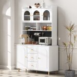 Buffet haut de cuisine blanc avec panneau perfor� et pieds en bois massif 120x40x190 cm armoire de rangement ...